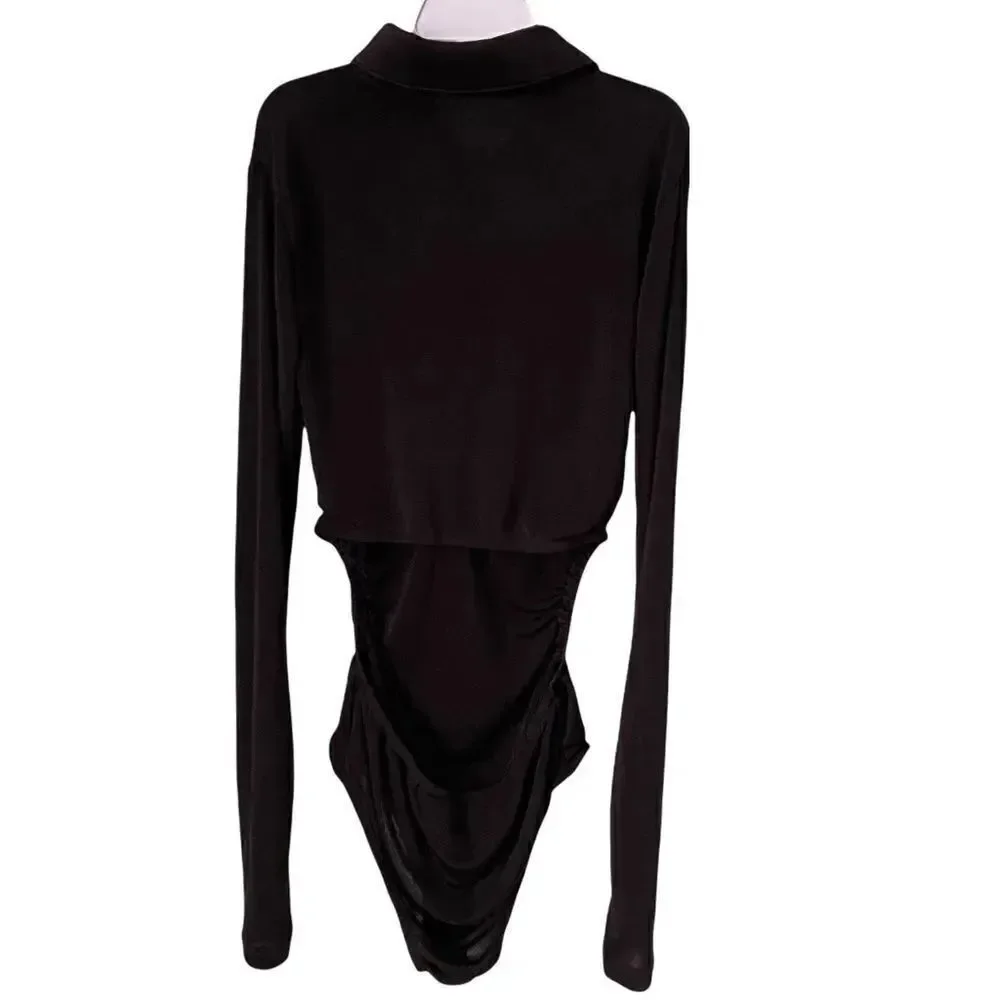 NWT Olivaceous Basic Black Long Sleeve Bodysuit Front Button with Collar Size S